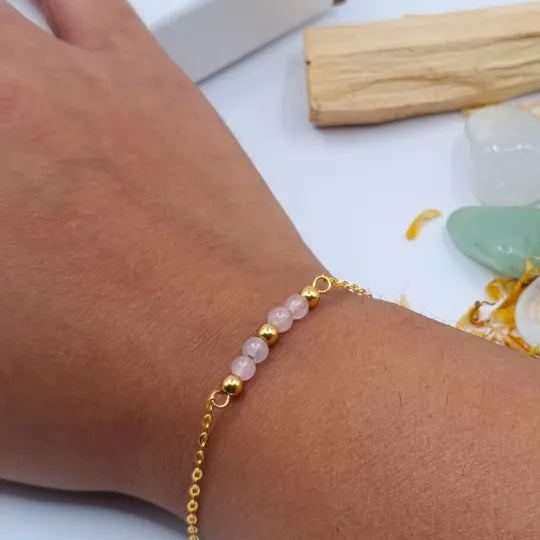 Bracelet Quartz Rose 4mm doré or 18k main