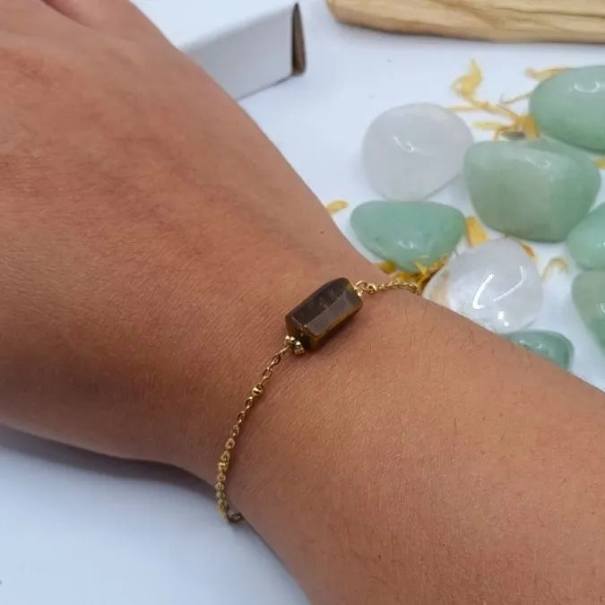 Bracelet Oeil de Tigre pendentif tube doré or 18k main