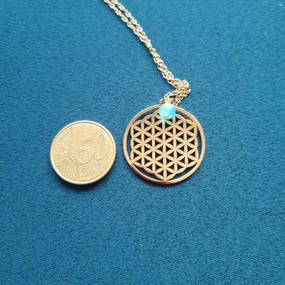Collier doré fleur de vie Aigue marine