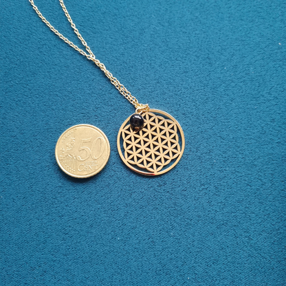 Collier doré fleur de vie tourmaline
