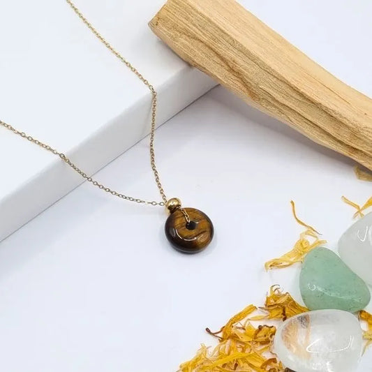 Collier Oeil de Tigre pendentif anneau doré or 18k