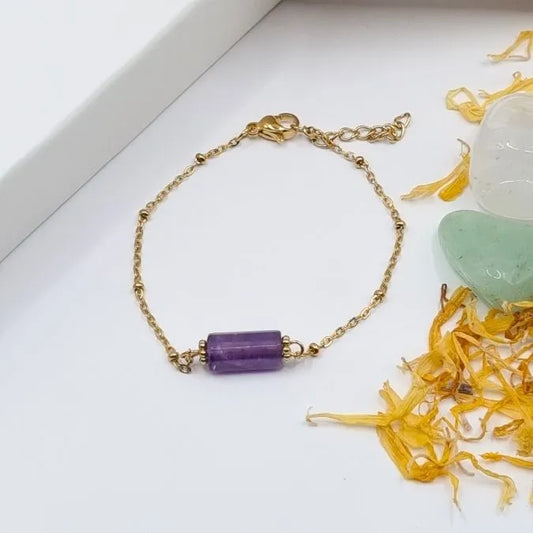 Bracelet amethyste pendentif tube doré or 18k