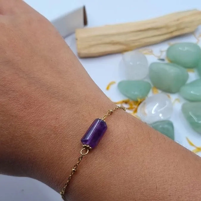 Bracelet amethyste pendentif tube doré or 18k main
