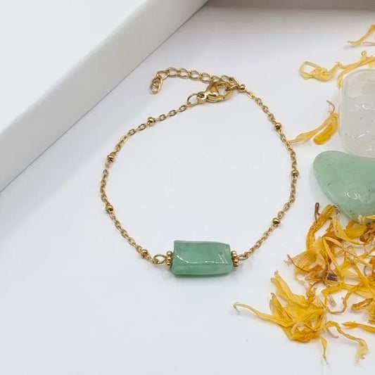 Bracelet aventurine pendentif tube doré or 18k