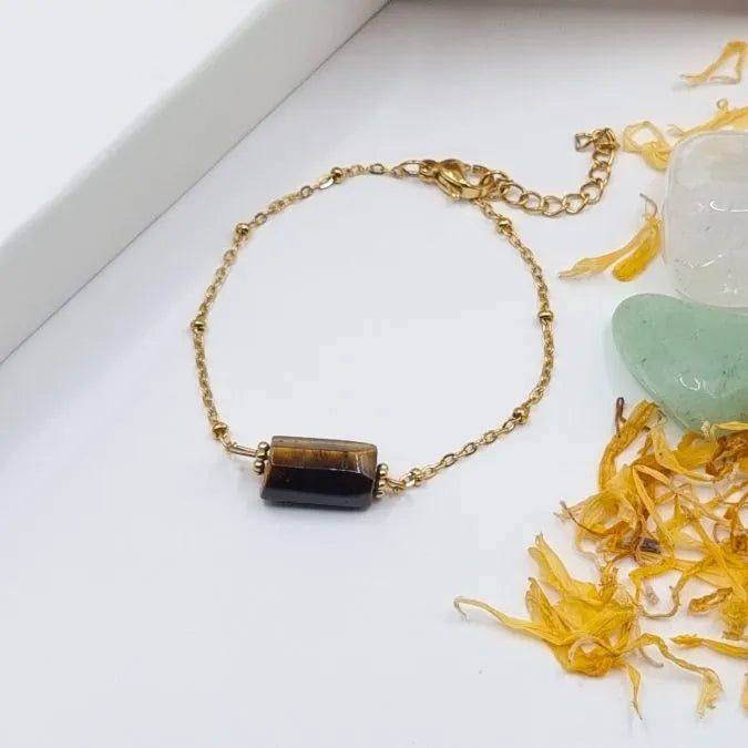 Bracelet Oeil de Tigre pendentif tube doré or 18k