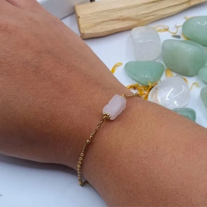 Bracelet Quartz Rose pendentif tube doré or 18k main