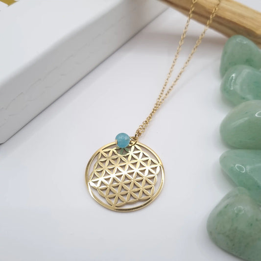 Collier fleur de vie aigue Marine acier inoxydable or 18k