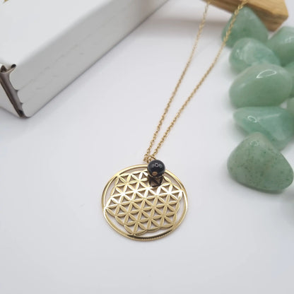 collier fleur de vie grenat acier inoxydable avec dorure or 18k 