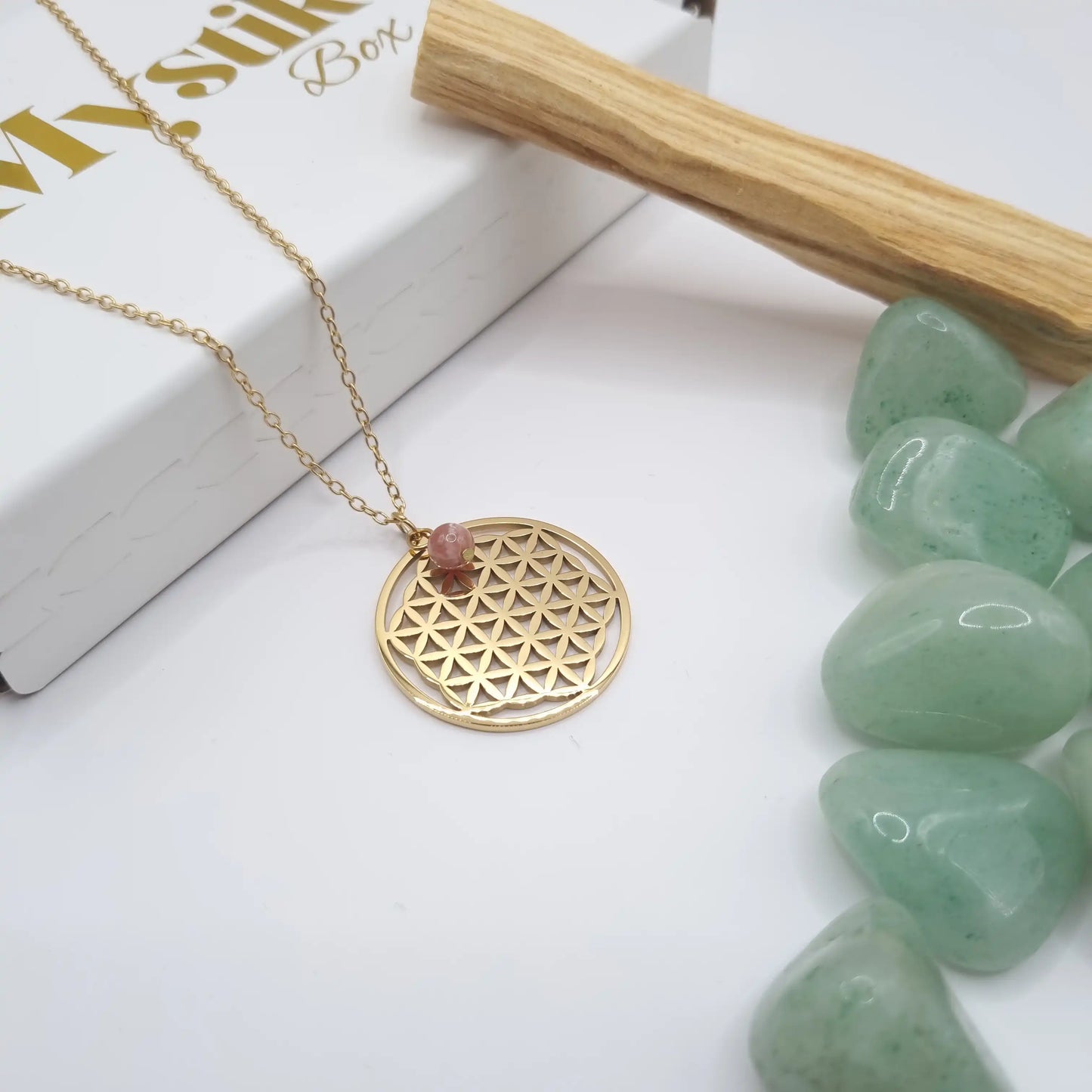 collier fleur de vie rhodonite acier inoxydable avec dorure or 18k 