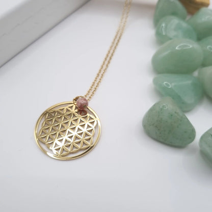 collier fleur de vie rhodonite pendentif 3cm