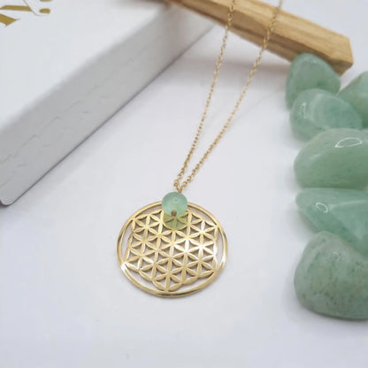 collier fleur de vie aventurine acier inoxydable avec dorure or 18k 