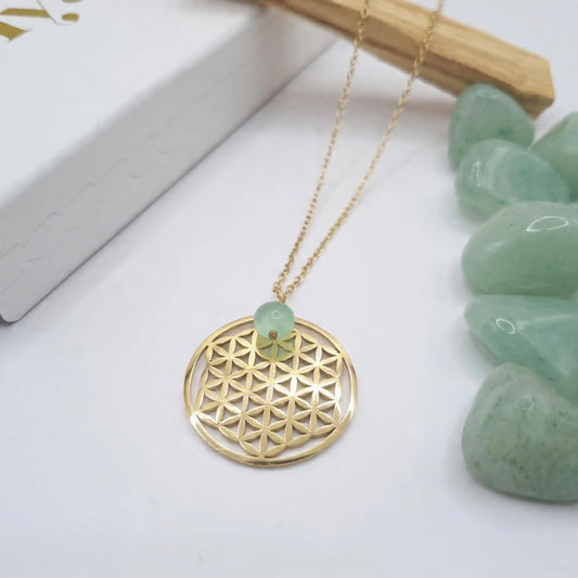 collier fleur de vie aventurine acier inoxydable avec dorure or 18k 