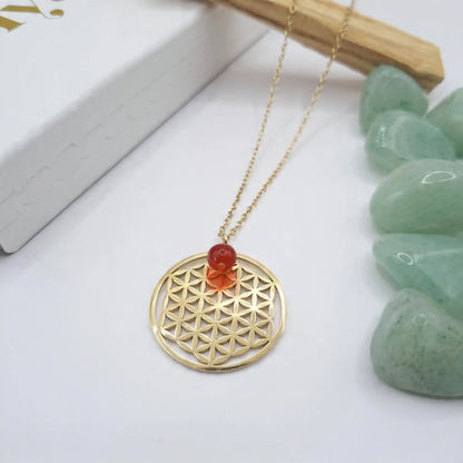 collier fleur de vie cornaline acier inoxydable avec dorure or 18k