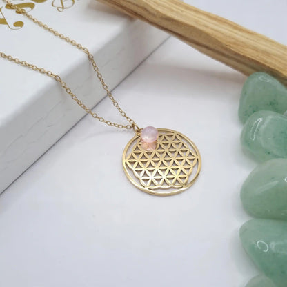 collier fleur de vie quartz rose pendentif 3cm