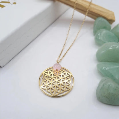 collier fleur de vie quartz rose acier inoxydable avec dorure or 18k 