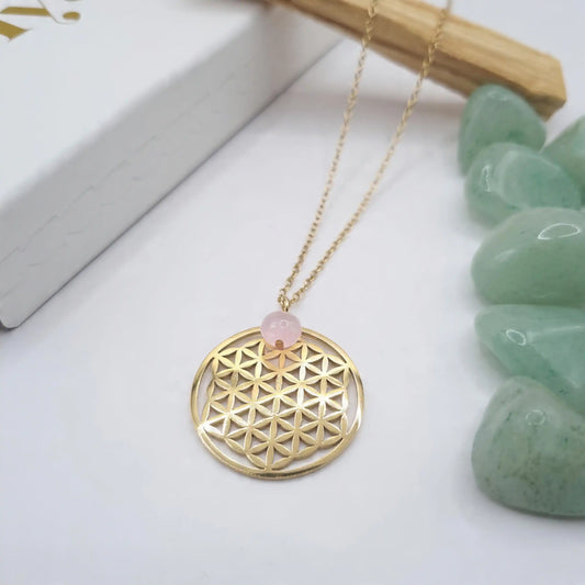 collier fleur de vie quartz rose acier inoxydable avec dorure or 18k 